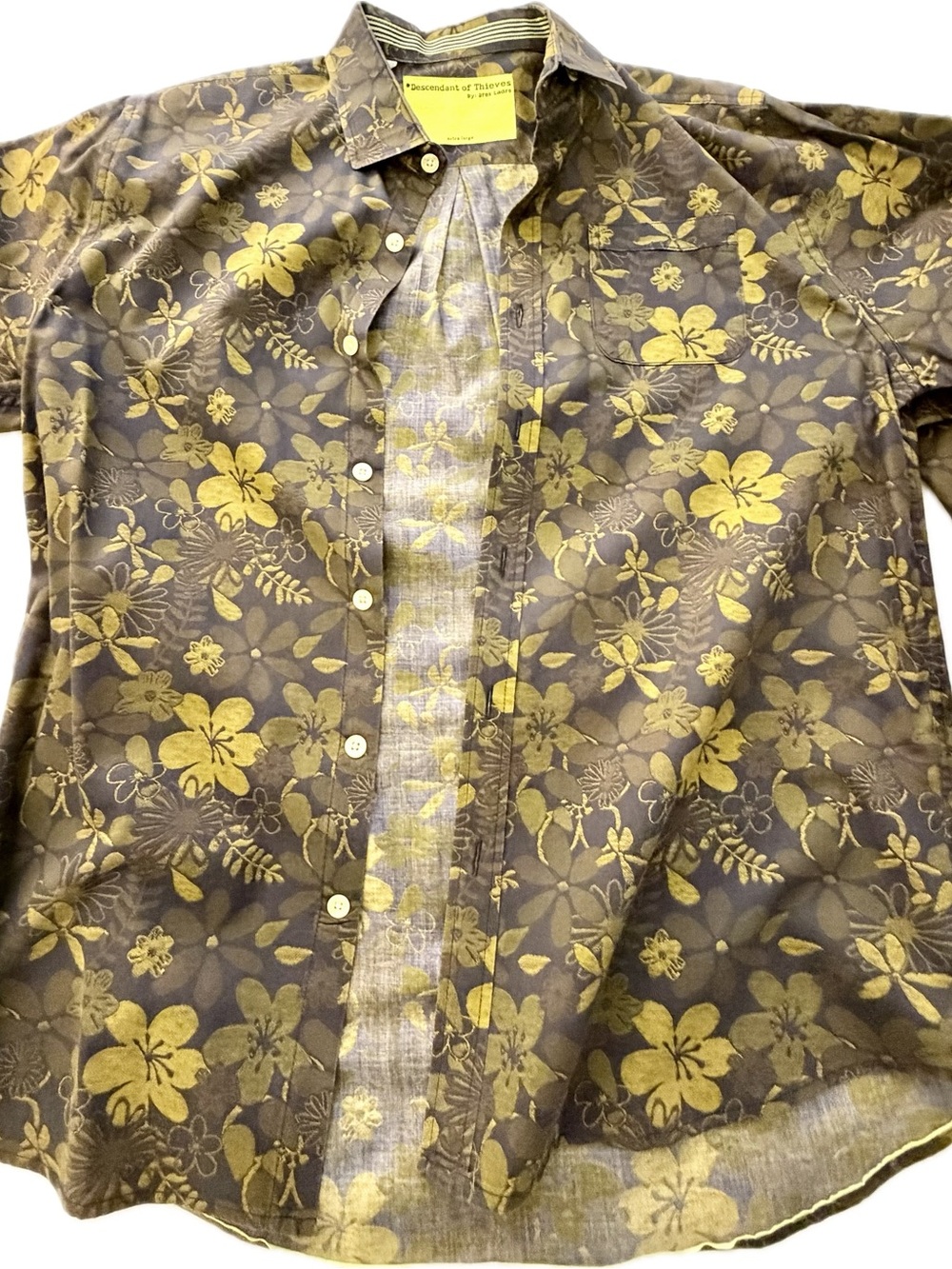 Men's Floral Button-Down Shirt in Olive Yellow and Brown